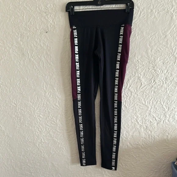 Victoria’s Secret Pink Cozy Fleece Lined Leggings Pockets Burgundy Black Sliver - Picture 2 of 6